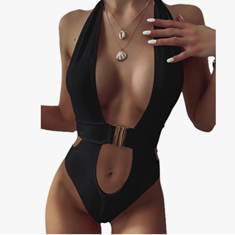 Halter Neck Cutout Buckle One Piece Swimsuit | Women’s Size Small